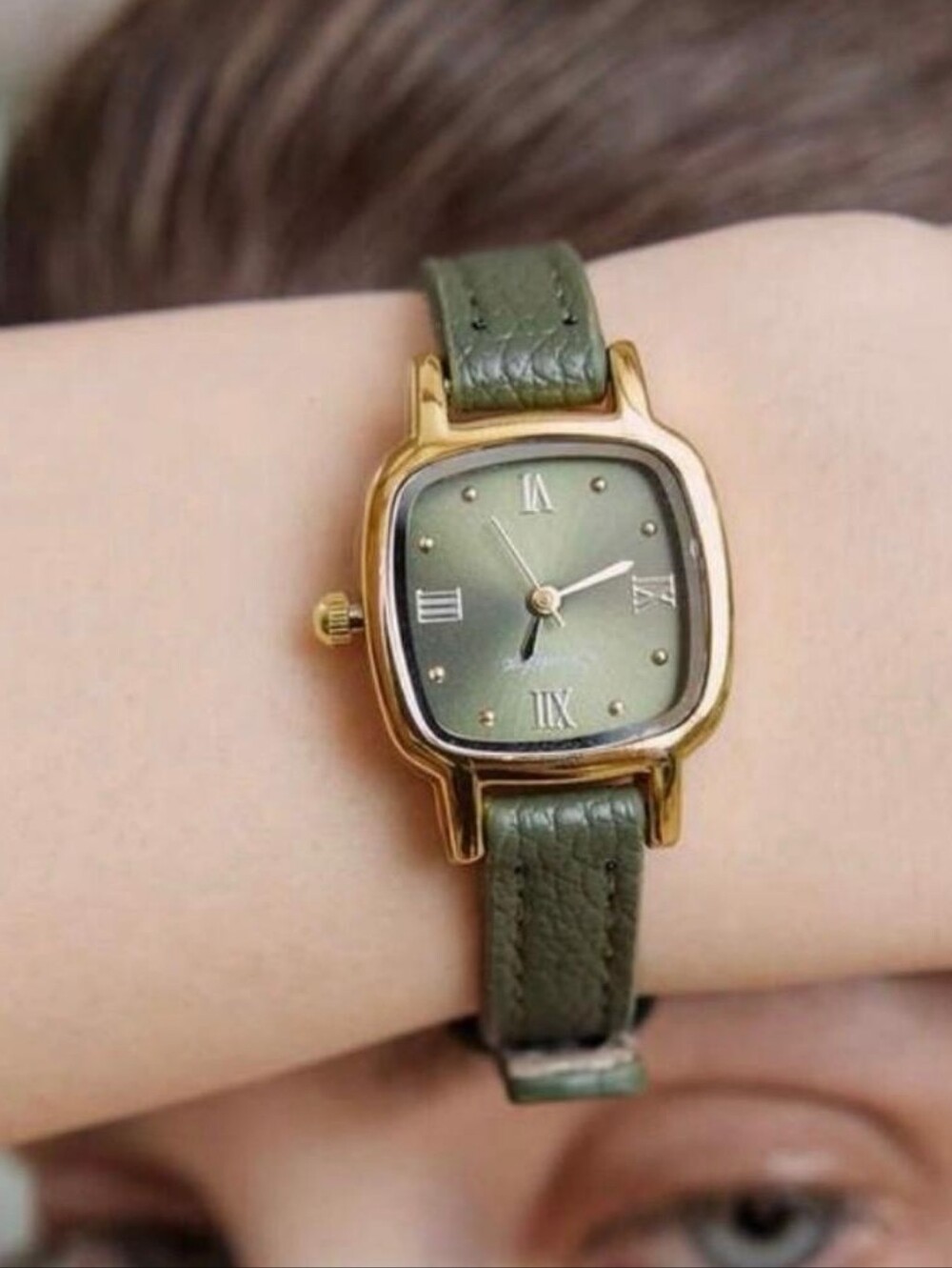 Olive Green Leather Strap Watch with Gold Case